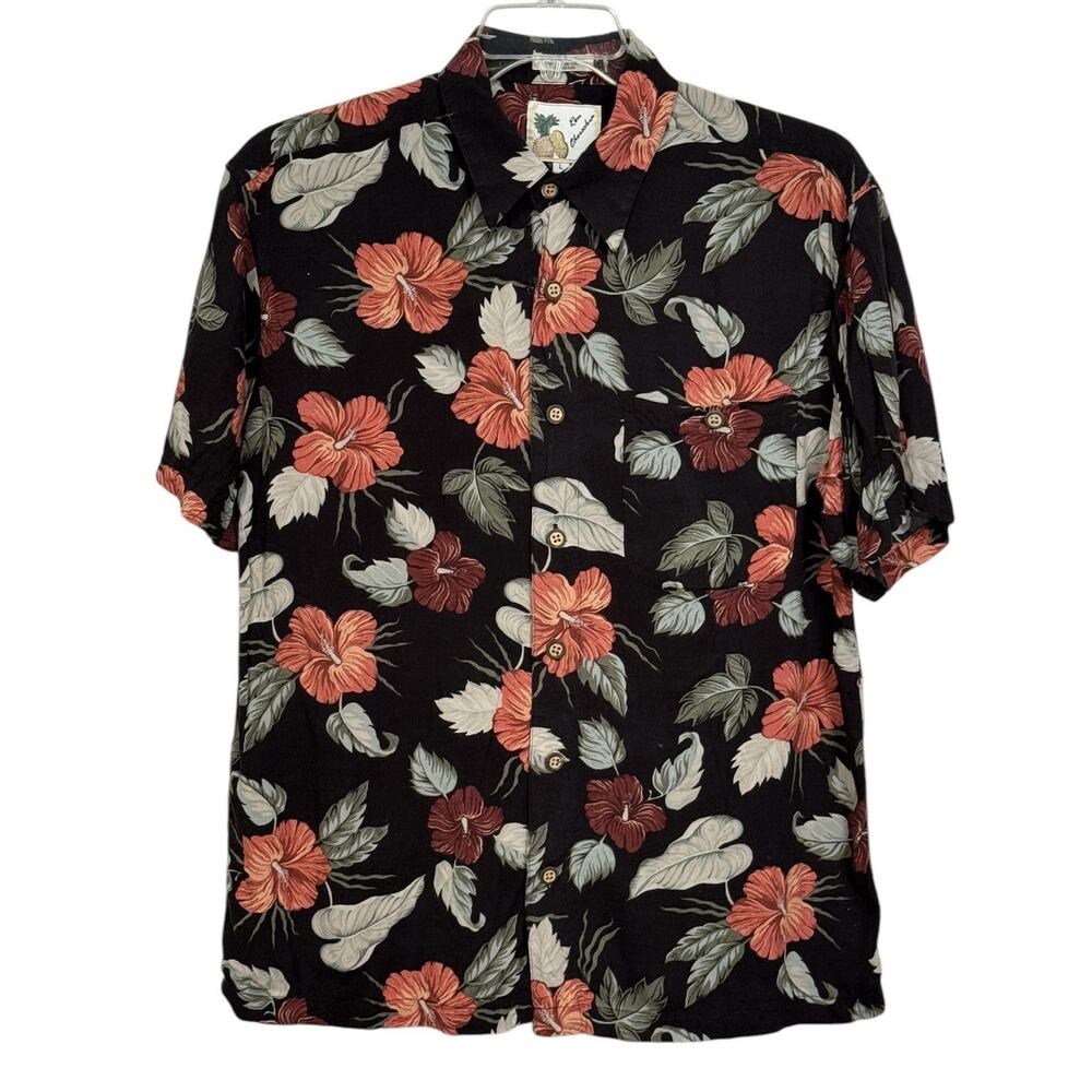 Hawaiian Large Short Sleeve Button Up Shirt Ron Chereskin Hibiscus Floral Plants